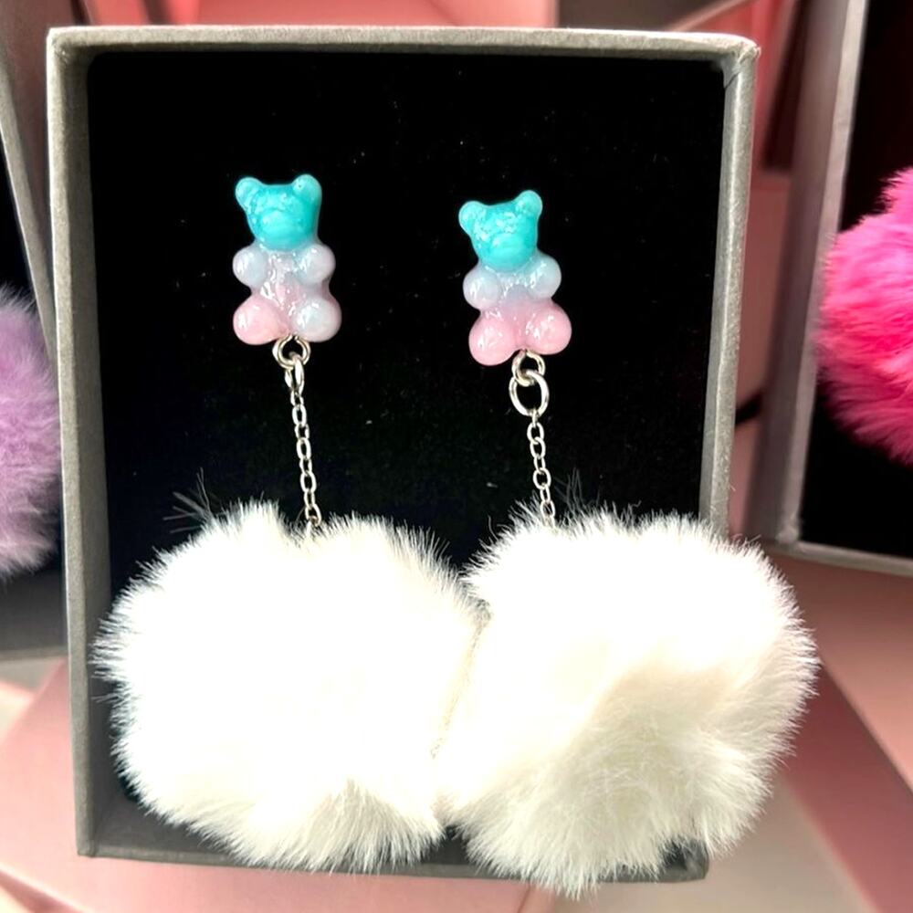 Cute Gummy Bear Pom Pom Earrings Boutique New